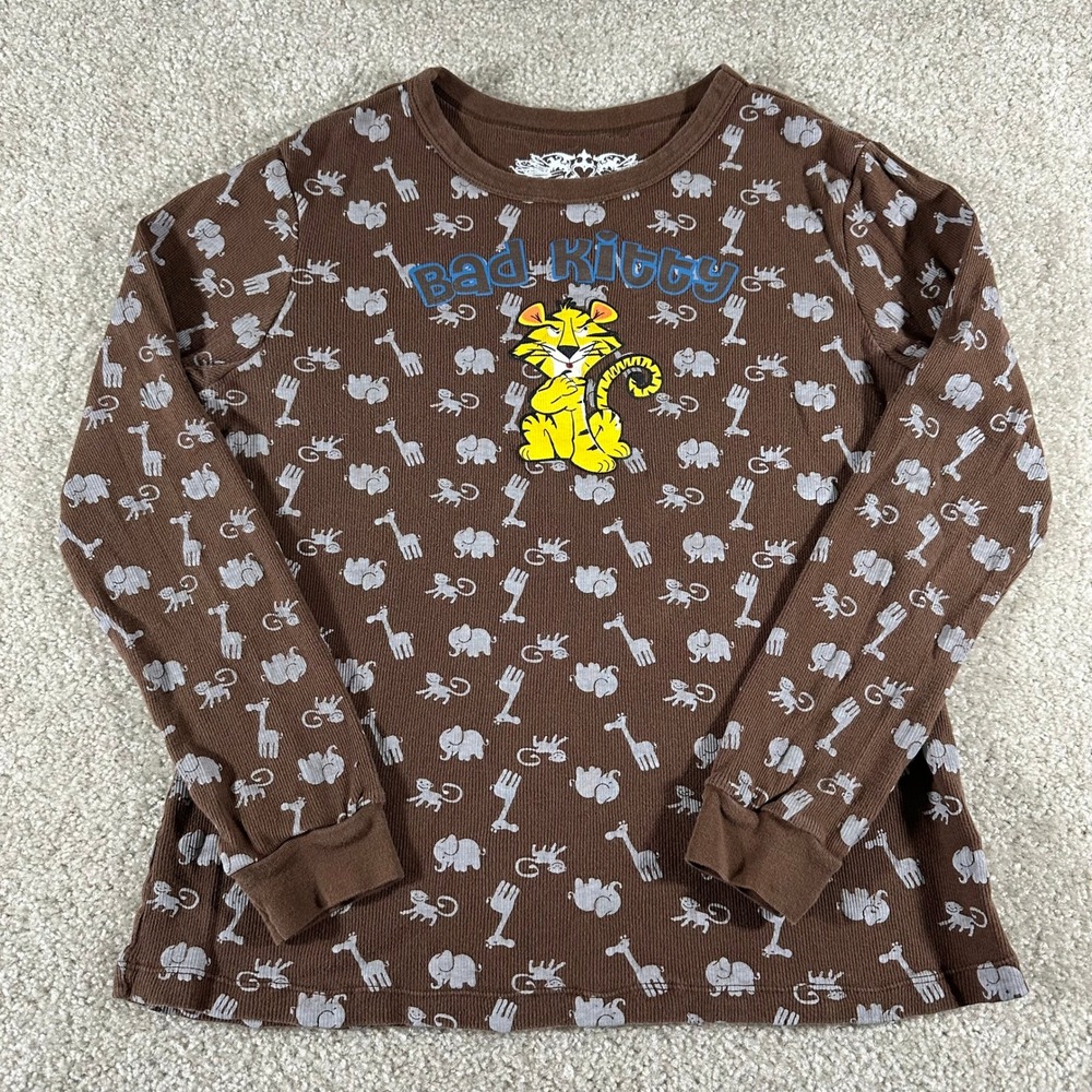 No Boundaries Bad Kitty Brown Animal Print Thermal Long Sleeve Shirt XL Y2k